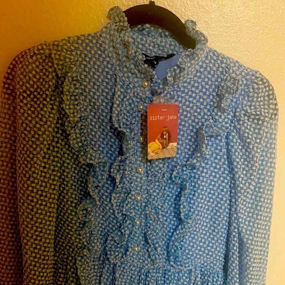 Sister Jane ruffled blue dress with pearl buttons! New never worn! MIDI length!